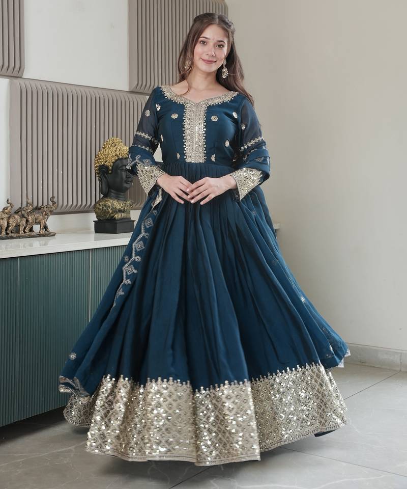 Teal Heavy Crush Silk Wedding Wear Embroidery Work Long Gown