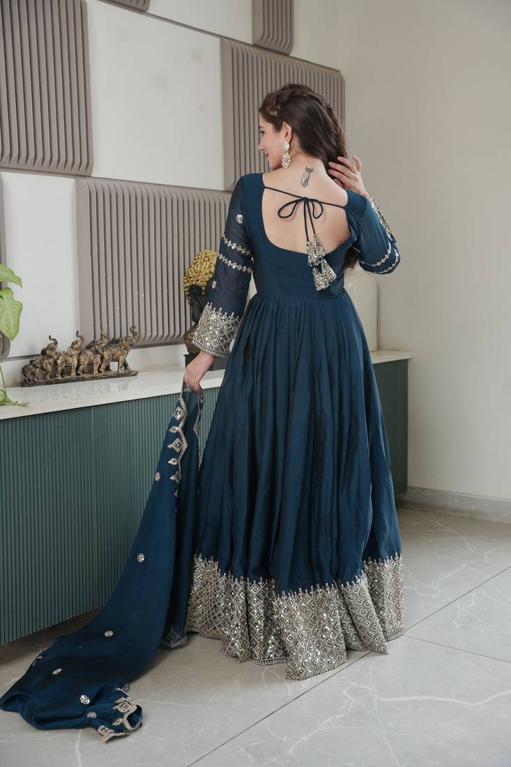 Teal Heavy Crush Silk Wedding Wear Embroidery Work Long Gown