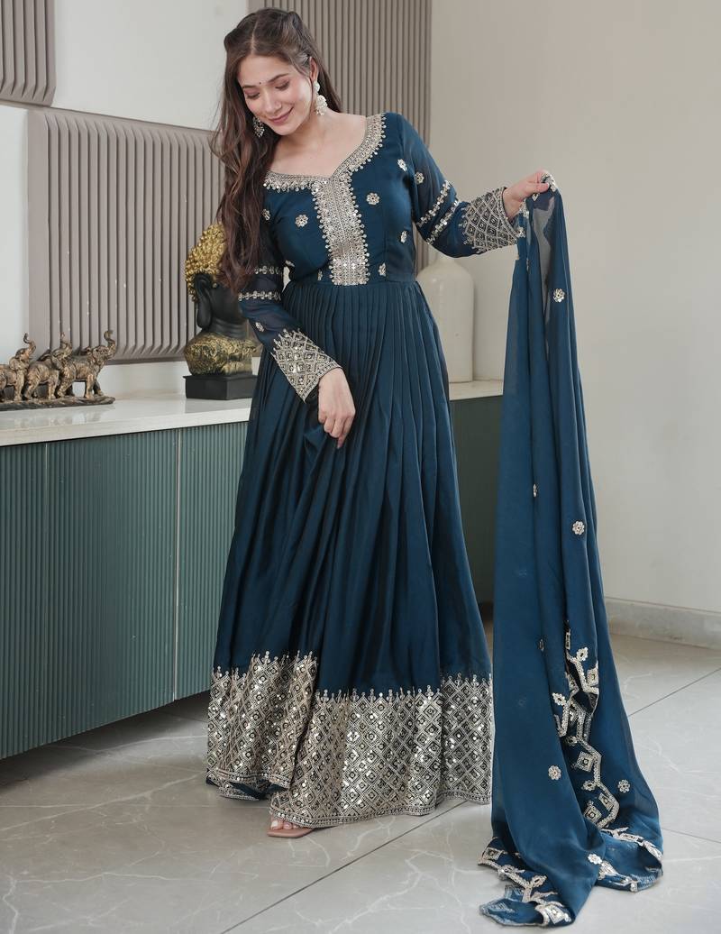 Teal Heavy Crush Silk Wedding Wear Embroidery Work Long Gown