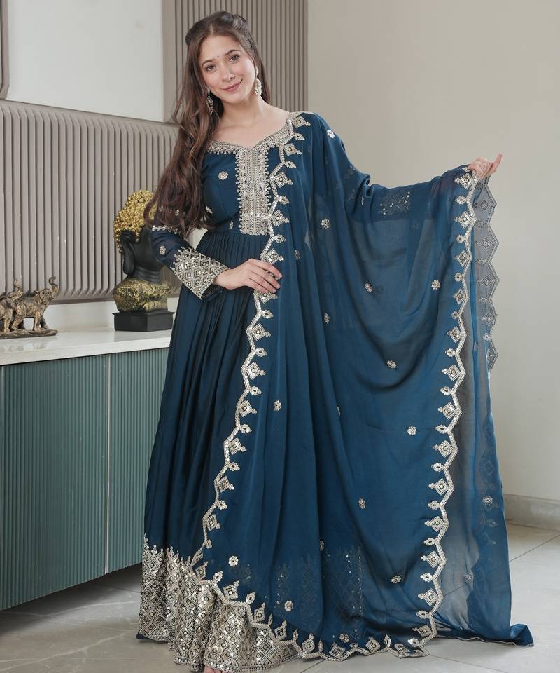 Teal Heavy Crush Silk Wedding Wear Embroidery Work Long Gown