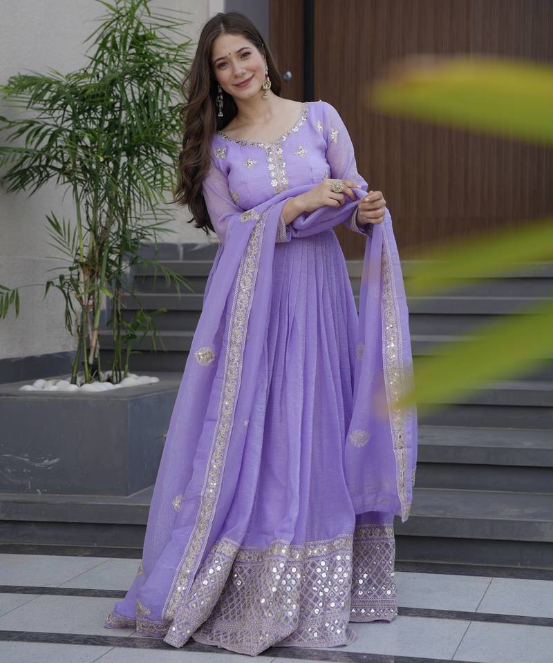 Lavener Color Crunchy Silk Wedding Wear Embroidery Work long gown