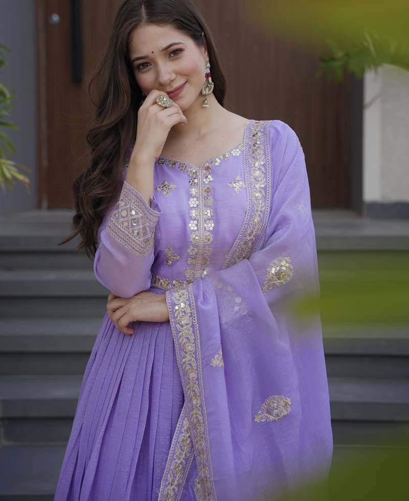 Lavener Color Crunchy Silk Wedding Wear Embroidery Work long gown