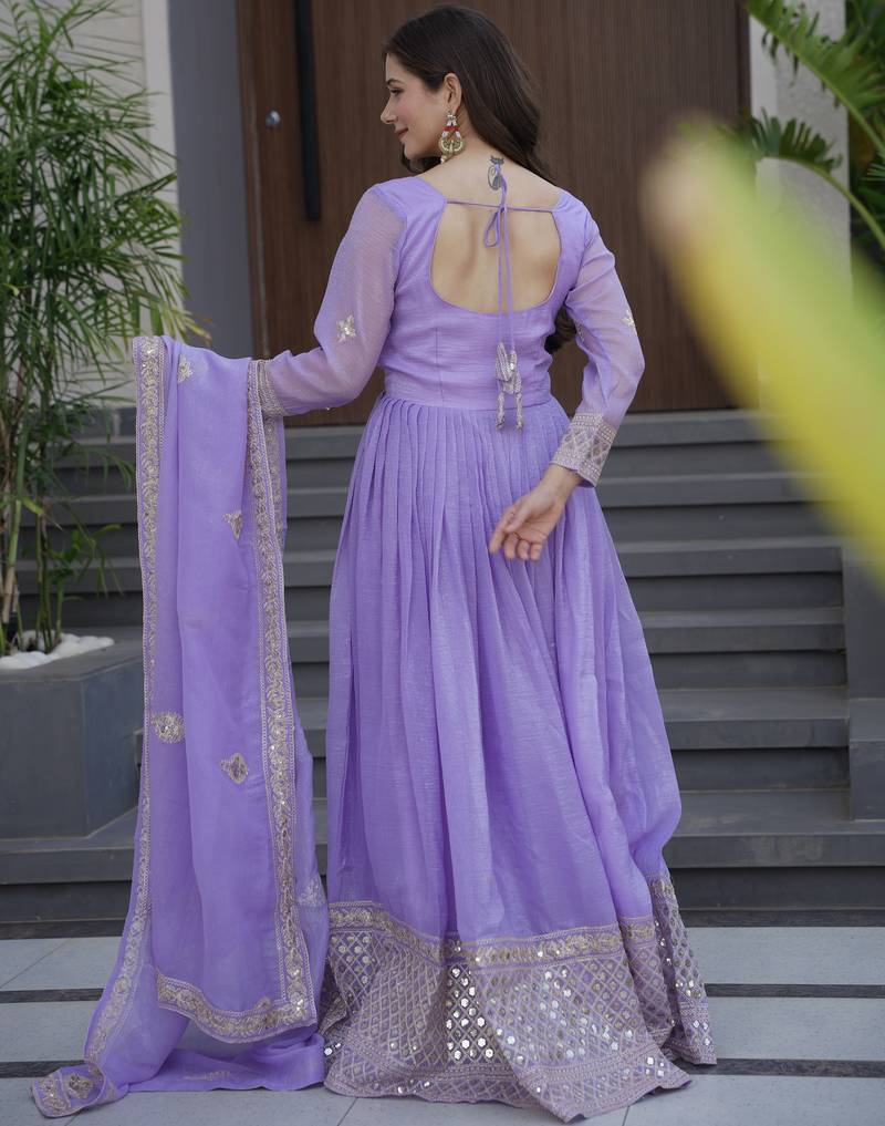 Lavener Color Crunchy Silk Wedding Wear Embroidery Work long gown