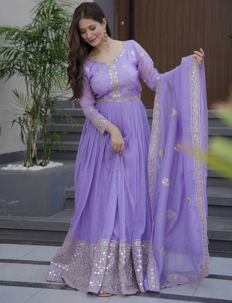 Lavener Color Crunchy Silk Wedding Wear Embroidery Work long gown