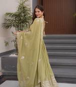 Olive Crunchy Silk Wedding Wear Embroidery Work long gown