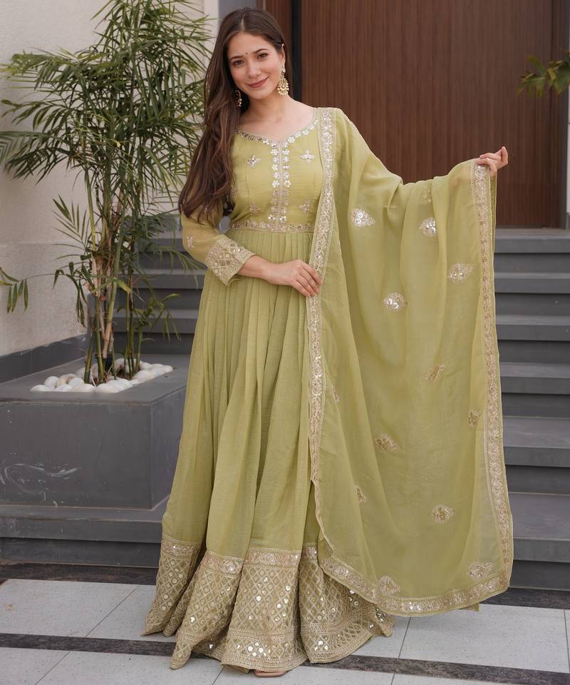 Olive Crunchy Silk Wedding Wear Embroidery Work long gown