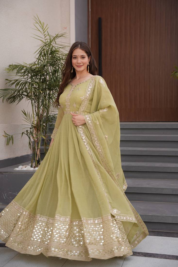 Olive Crunchy Silk Wedding Wear Embroidery Work long gown