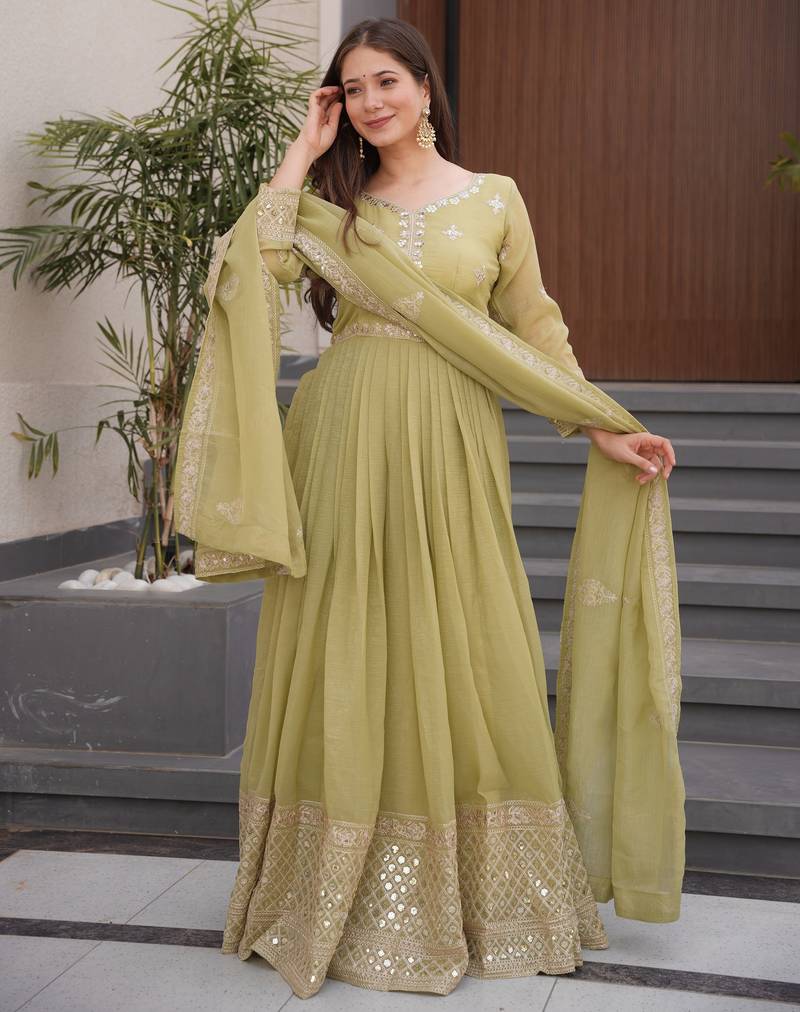 Olive Crunchy Silk Wedding Wear Embroidery Work long gown