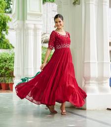 Maroon Faux Georgette Hand Embroidery Work Party Wear Gown