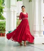 Maroon Color Faux Georgette Hand Embroidery Work Party Wear Gown