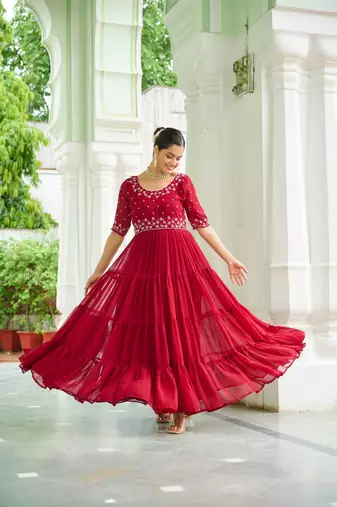 Maroon Faux Georgette Hand Embroidery Work Party Wear Gown