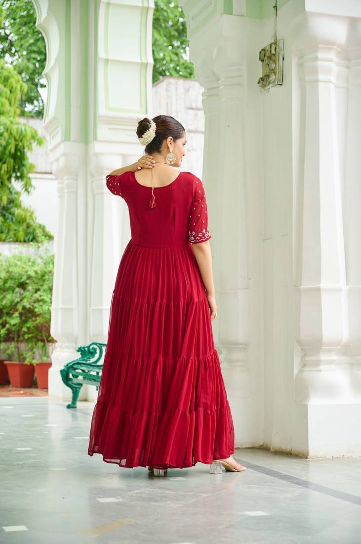 Maroon Color Faux Georgette Hand Embroidery Work Party Wear Gown