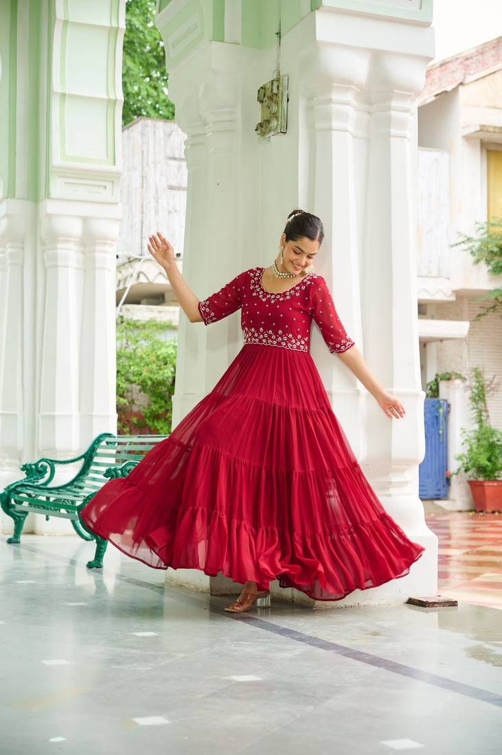 Maroon Color Faux Georgette Hand Embroidery Work Party Wear Gown