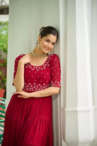 Maroon Faux Georgette Hand Embroidery Work Party Wear Gown