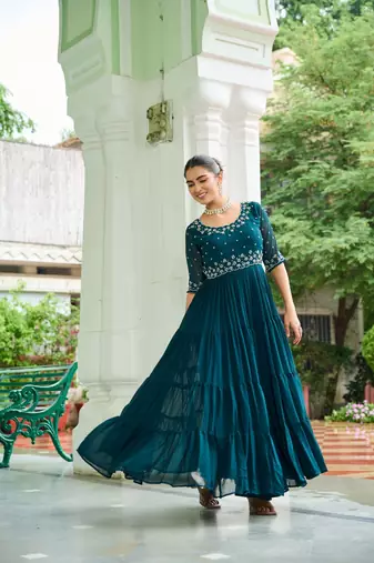 Rama Faux Georgette Hand Embroidery Work Party Wear Gown