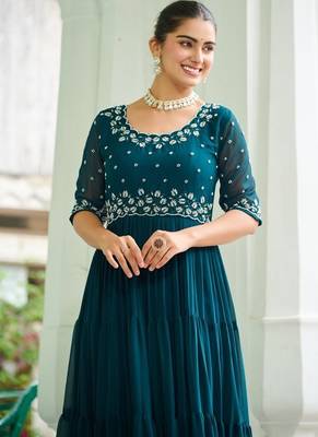 Rama Faux Georgette Hand Embroidery Work Party Wear Gown 5