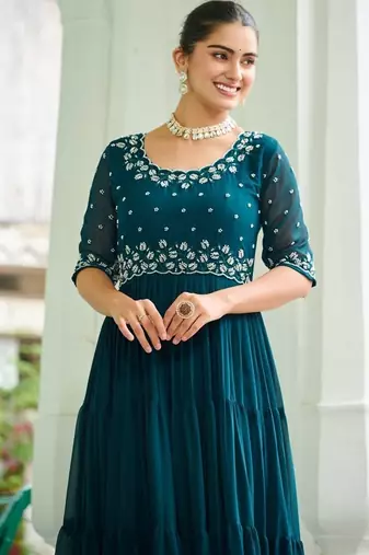 Rama Faux Georgette Hand Embroidery Work Party Wear Gown