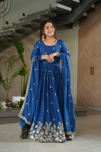Blue Color Chinnon Silk Party Wear Long Gown