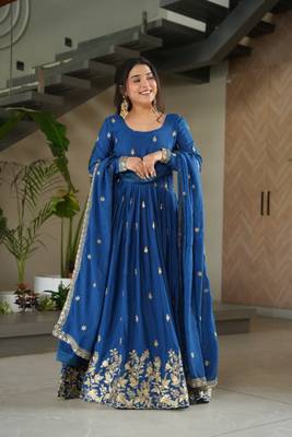 Blue Chinnon Silk Party Wear Long Gown 1