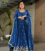 Blue Color Chinnon Silk Party Wear Long Gown