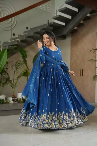 Blue Chinnon Silk Party Wear Long Gown