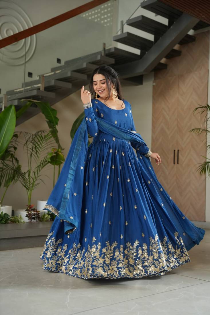 Blue Color Chinnon Silk Party Wear Long Gown