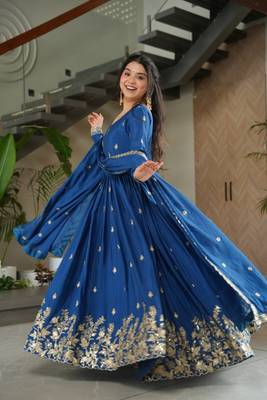 Blue Chinnon Silk Party Wear Long Gown 4