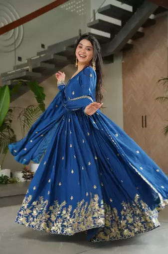 Blue Chinnon Silk Party Wear Long Gown