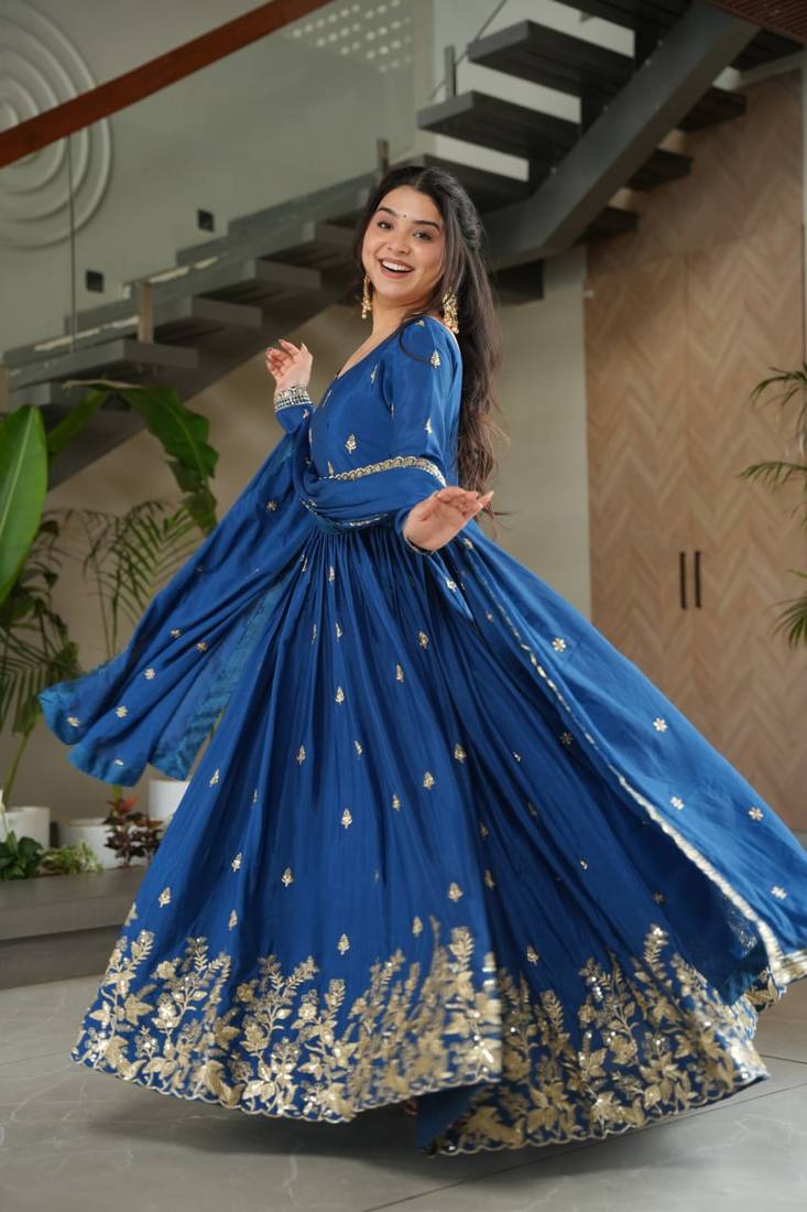 Blue Color Chinnon Silk Party Wear Long Gown