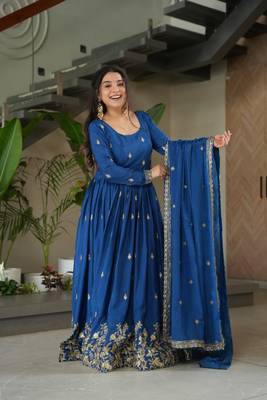 Blue Chinnon Silk Party Wear Long Gown 5