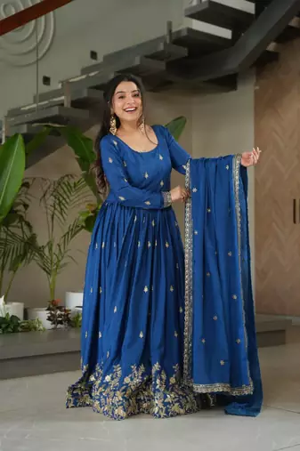 Blue Chinnon Silk Party Wear Long Gown