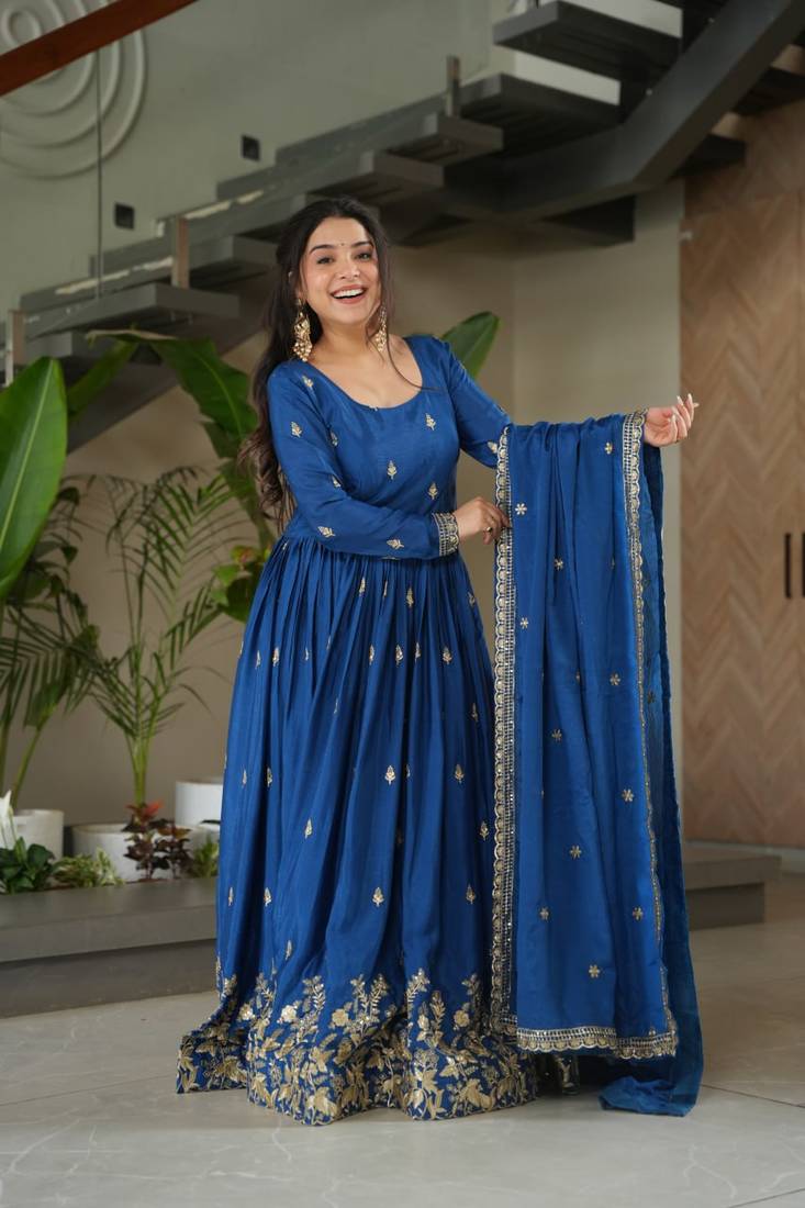 Blue Color Chinnon Silk Party Wear Long Gown