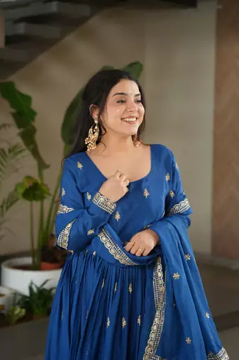 Blue Chinnon Silk Party Wear Long Gown