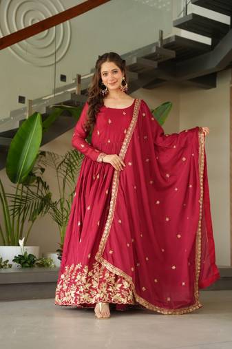 Maroon Chinnon Silk Party Wear Long Gown