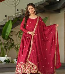 Maroon Chinnon Silk Party Wear Long Gown