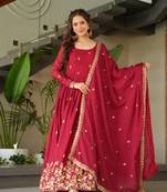 Maroon Chinnon Silk Party Wear Long Gown