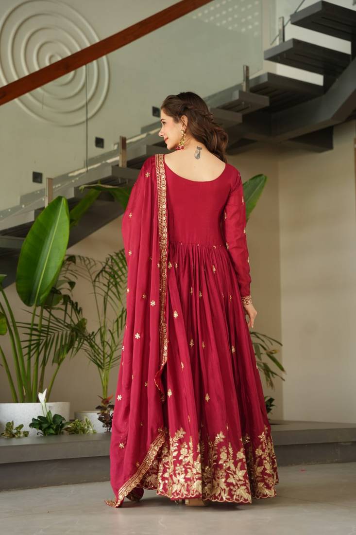 Maroon Chinnon Silk Party Wear Long Gown