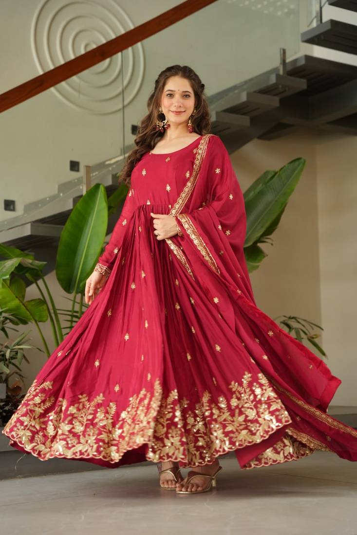 Maroon Chinnon Silk Party Wear Long Gown