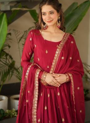 Maroon Chinnon Silk Party Wear Long Gown 6