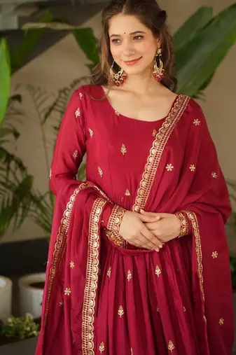 Maroon Chinnon Silk Party Wear Long Gown