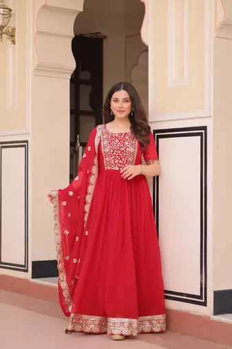 Red Faux Georgette Embroidery Work Wedding Wear Long Gown