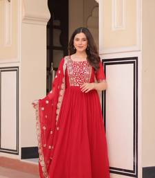 Red Faux Georgette Embroidery Work Wedding Wear Long Gown