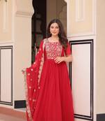 Red Faux Georgette Embroidery Work Wedding Wear Long Gown