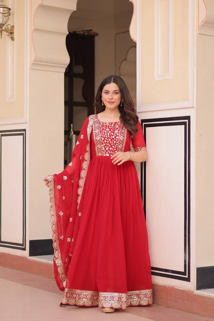 Red Faux Georgette Embroidery Work Wedding Wear Long Gown