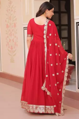 Red Faux Georgette Embroidery Work Wedding Wear Long Gown