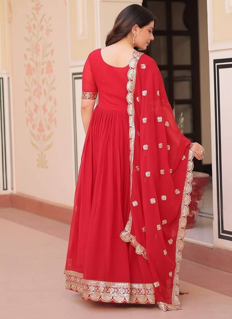 Red Faux Georgette Embroidery Work Wedding Wear Long Gown