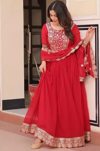 Red Faux Georgette Embroidery Work Wedding Wear Long Gown