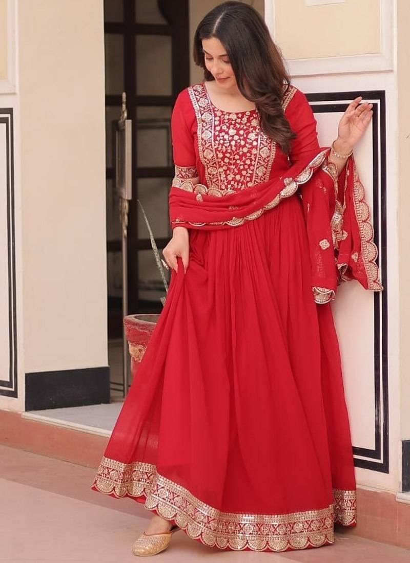 Red Faux Georgette Embroidery Work Wedding Wear Long Gown