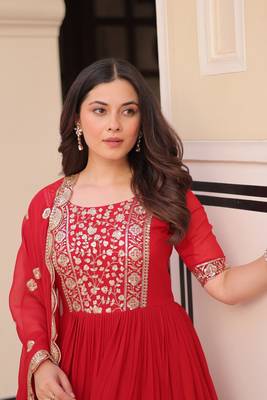 Red Faux Georgette Embroidery Work Wedding Wear Long Gown 5