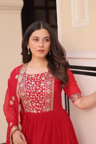 Red Faux Georgette Embroidery Work Wedding Wear Long Gown